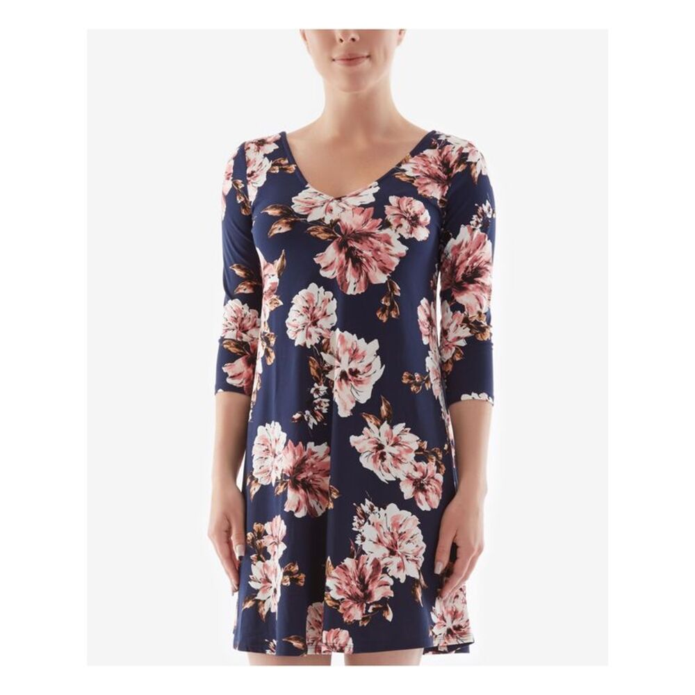 NWT BCX DRESS Womens Shift Short Dress Navy 3/4 Sleeve V Neck Evening Juniors L